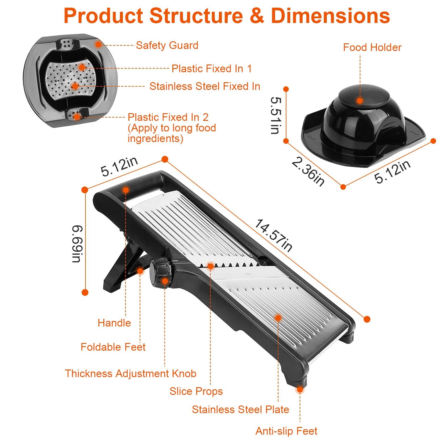 Mandoline Food Slicer with 5 Adjustable Blades - Stainless Steel Vegetable & Fruit Chopper